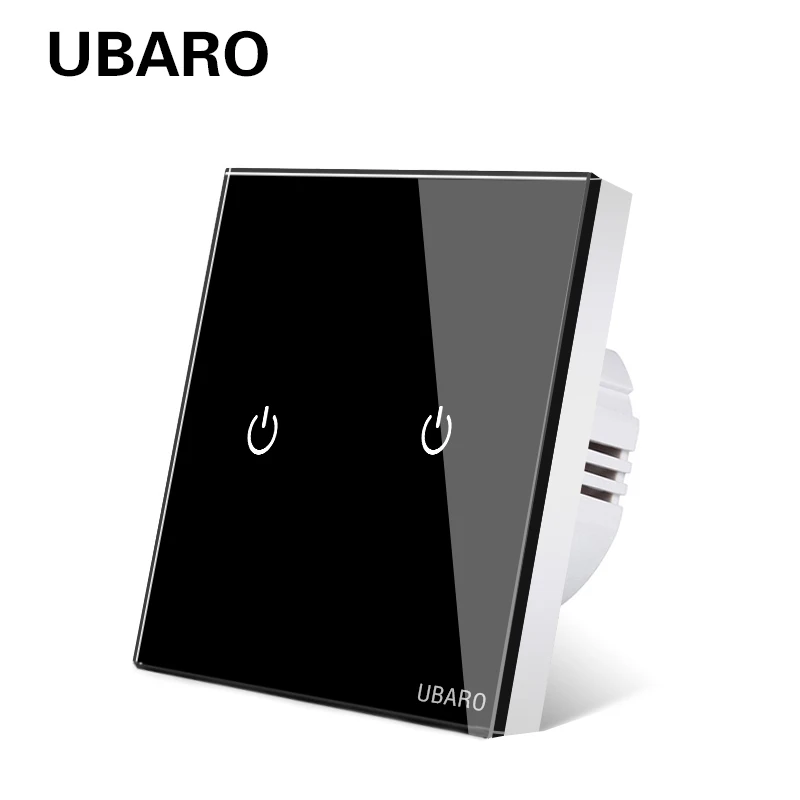 

UBARO EU/UK Black Crystal Glass Panel touch Wall Switch Light Led Power Interrupteur mural Button Switches 2 Gang AC100-240V