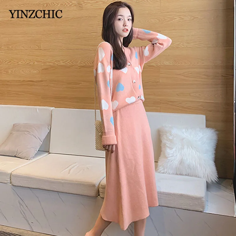Autumn New Womans Knitted Set Female Casual Two-pieces Suits Warm Knit Sweater Skirt Sets for Woman