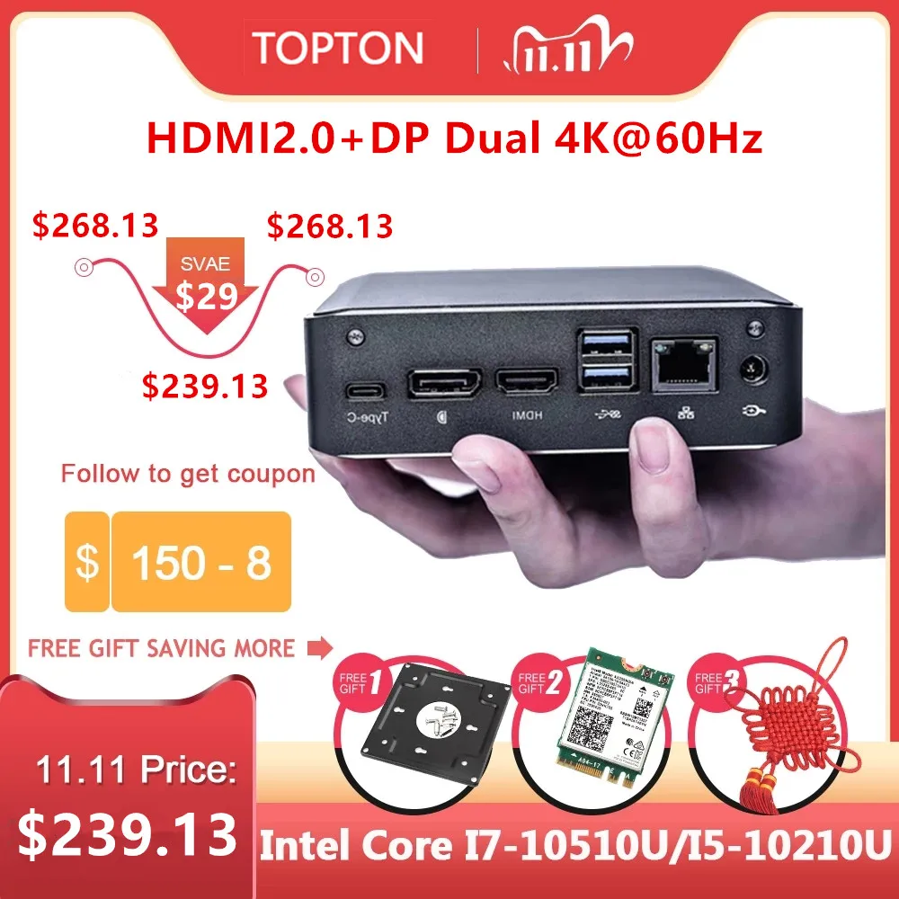 Topton-Mini PC de décima generación, Windows 10, Intel i7-10510U, I5-10210U, DDR4, M2, PC compacto, ordenador Barebone, tipo C, 4K, 60Hz, HDMI2.0, DP, novedad