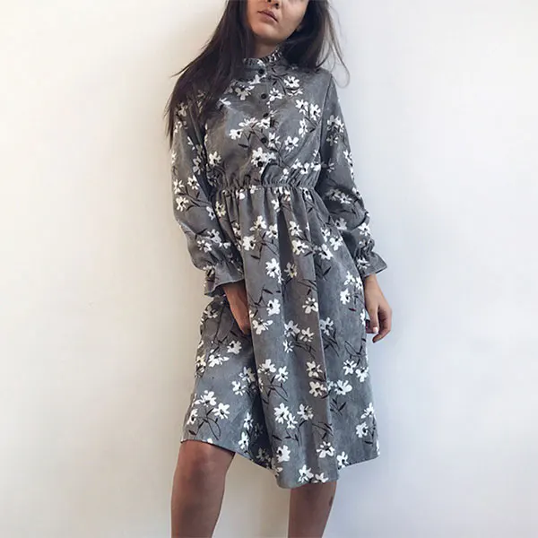 

New women dress retro stand collar long sleeve corduroy floral dress print bottoming dress