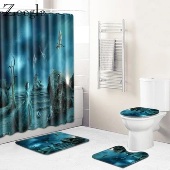 

Zeegle 4pcs Bath Mat Set Flannel Soft Toilet Cover Seat Mat Absorbent Toilet Pedestal Rug Foot Mat Waterproof Bathroom Curtain