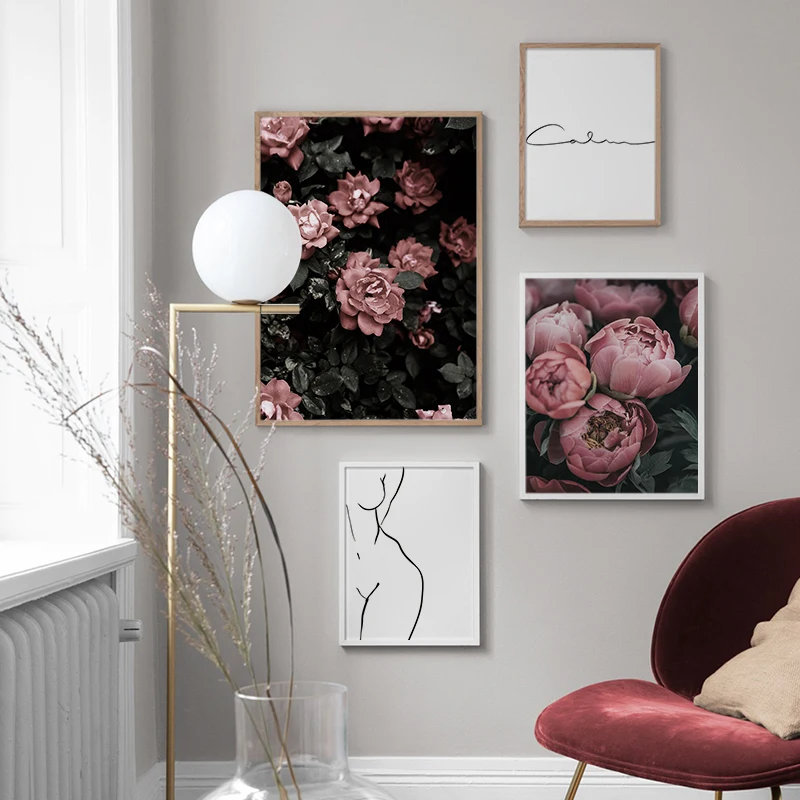 

Scandinavian Posters And Prints Peony Flower Canvas Paintings Woman Fine Naked Wall Art Picture For Living Room Home Decoration