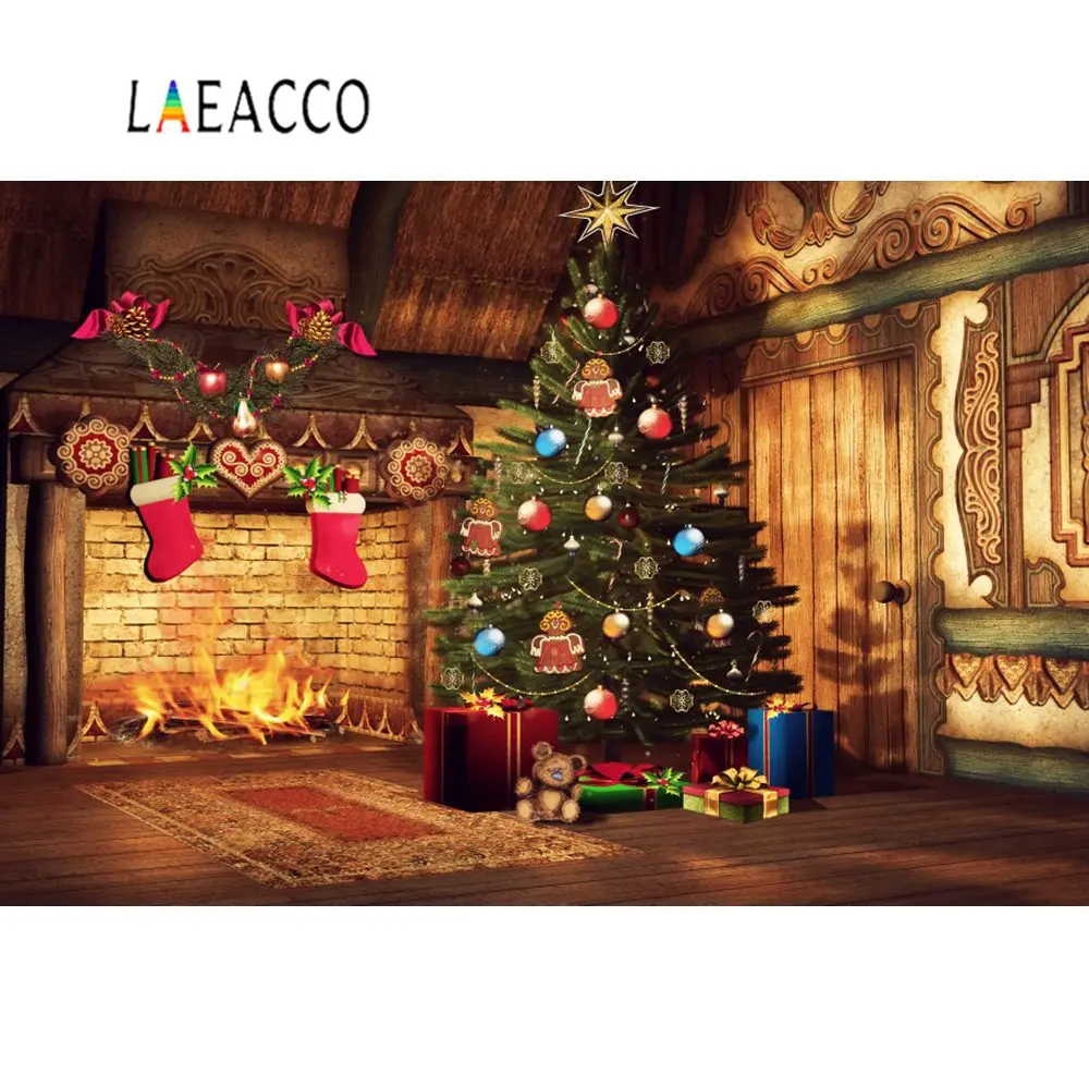 Laeacco Фото фоны Рождественская елка кирпичная стена носок камин ребенок