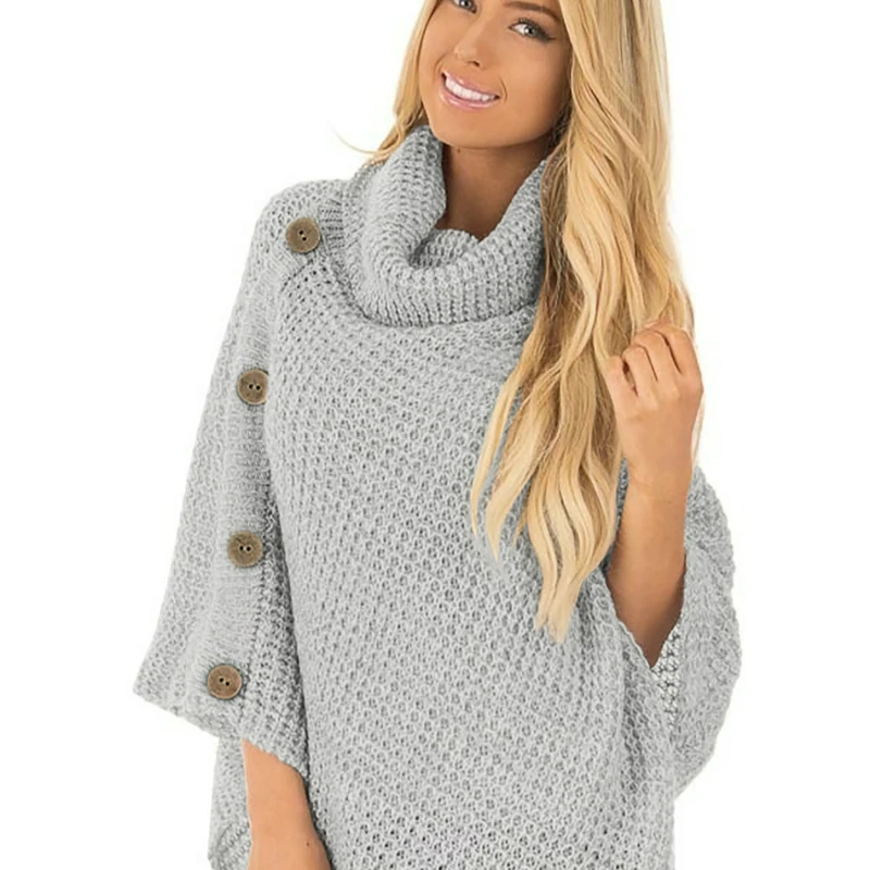 

Winter Girl High Collar Solid Color Knit Turtleneck Bat Button Long Sleeve Irregular Cloak Sweater Women
