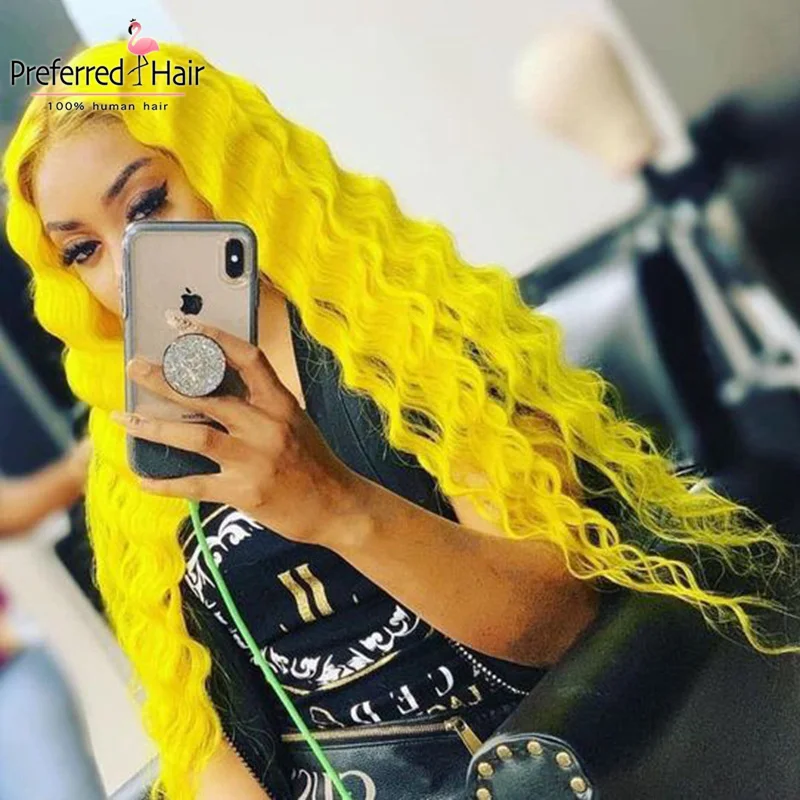 yellow Preferred13x4 Remy Омбре кружевной передний парик предварительно выщипанный желтый волнистый парик бразильские кружевные передние человеческие волосы парики для черных женщин - Цвет: yellow