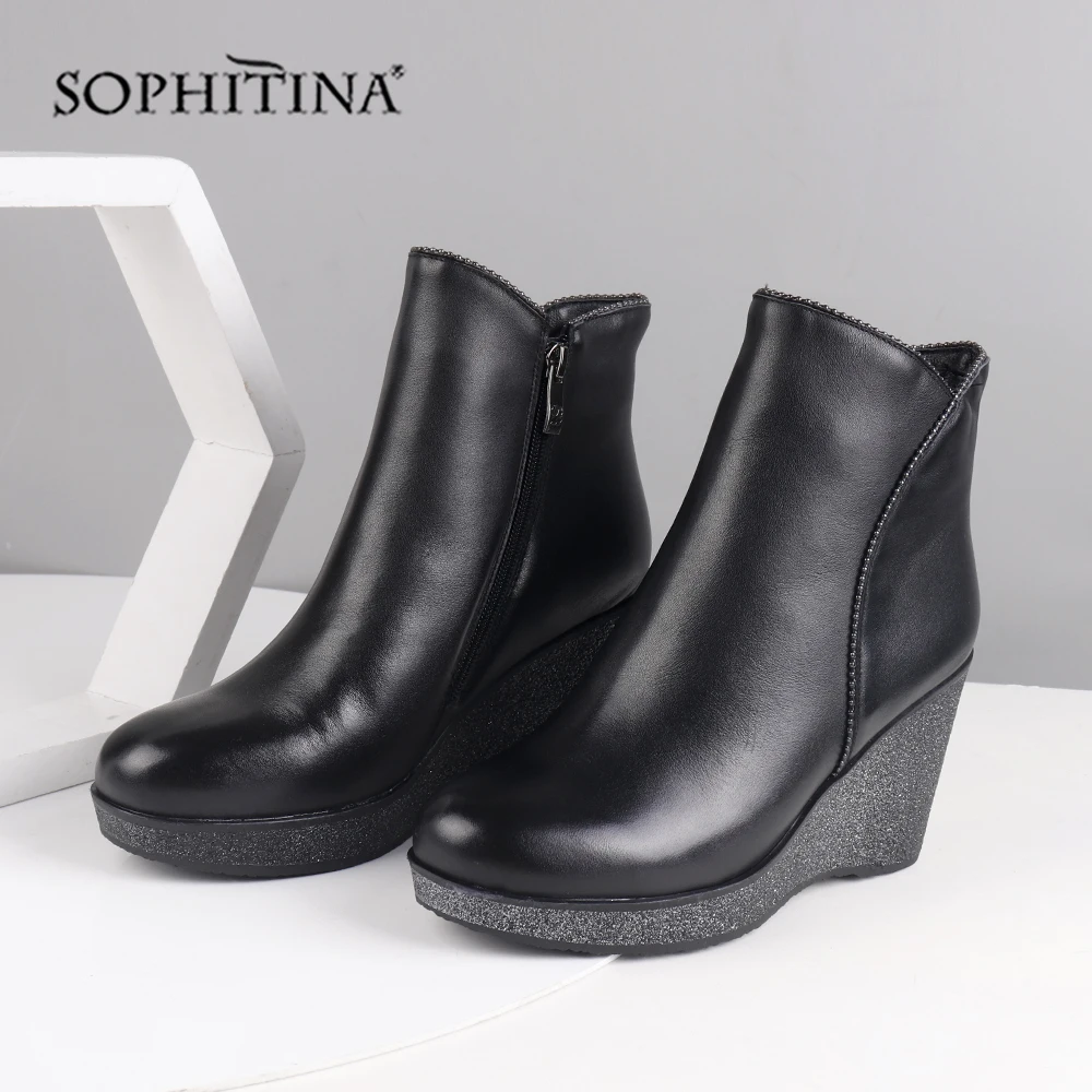 SOPHITINA/удобные ботинки с круглым носком; модная однотонная обувь из высококачественной натуральной кожи на танкетке; новые женские ботильоны; SC497
