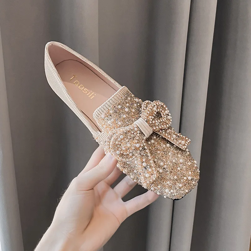 41-43 big size crystal bow flat shoes woman pearl beading breathable ballet flats beauty bow buckle moccasins shoes for women women shoes,women flats