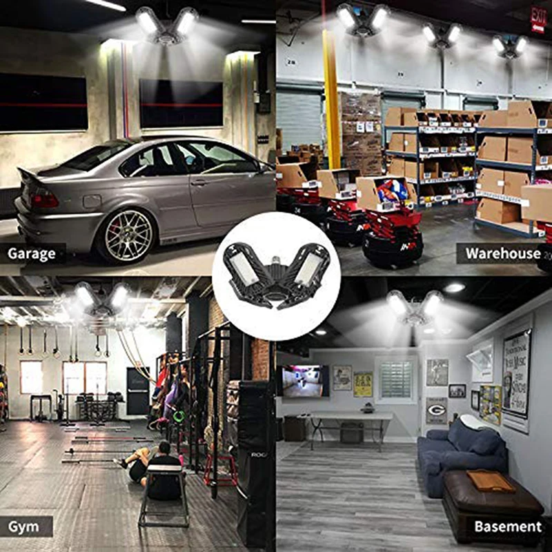 

Aluminum LED Garage Light 120W, Upgrade 4 Panels 12000LM Deformable E27 Garage Ceiling Lighting Adjustable Aluminum Wing HW