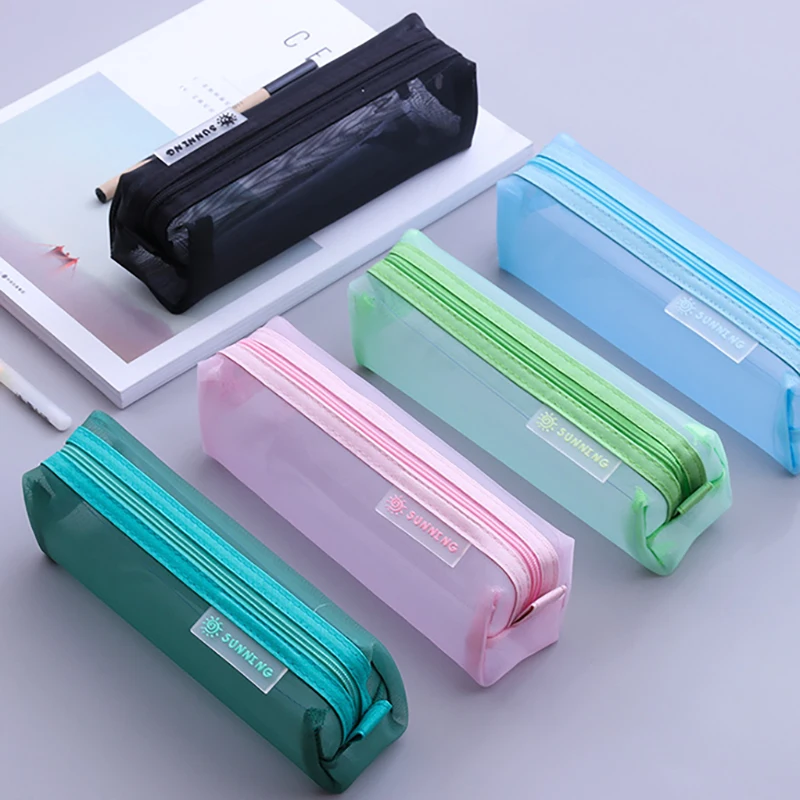 School Mesh Pencil Cases Kawaii Cute Solid Color Transparent Pencil Box School Student Pen Bag Supplies Lapis Stationery pencil cases
