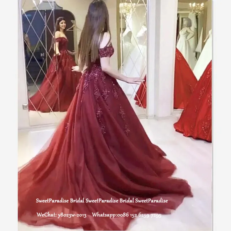 Бордовые платья Quinceanera с аппликацией бисером Длинные Часовня Поезд с открытыми плечами сладкий 16 платье Vestidos De 15 Anos