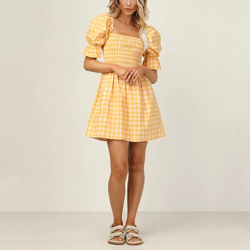 Chic Women Puff Sleeve Square Collar Mini Dress Elegant Sweet Style Plaid Yellow Lady Party Dress Short Sleeve Femme Streetwear|Dresses| - AliExpress