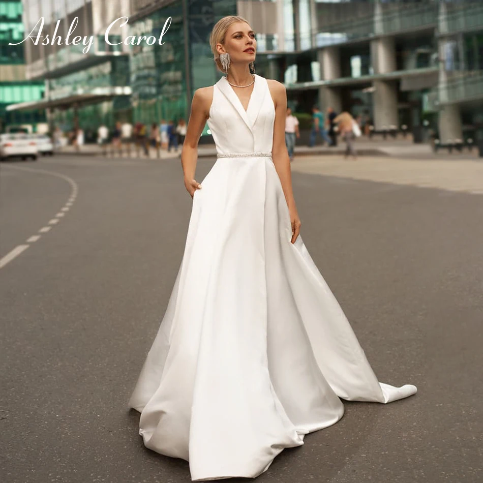 

Ashley Carol Fashion Backless Satin Wedding Dress 2020 V-neckline Beaded Sashes A-Line Bride Dress Simple Vintage Wedding Gowns