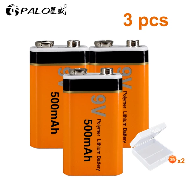 PALO 9V Rechargeable Battery 500mAh 9V Lithium rechargeable battery 9v 6f22 Li-ion batteries for Mrophone 9v Battery 3pcs battery