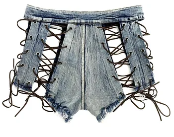 

New Sexy Cut Off High Waist Bodycon Bandage Women's Ripped Denim Jean Shorts Sexy Lace Up Hollow Out DJ Clubwear
