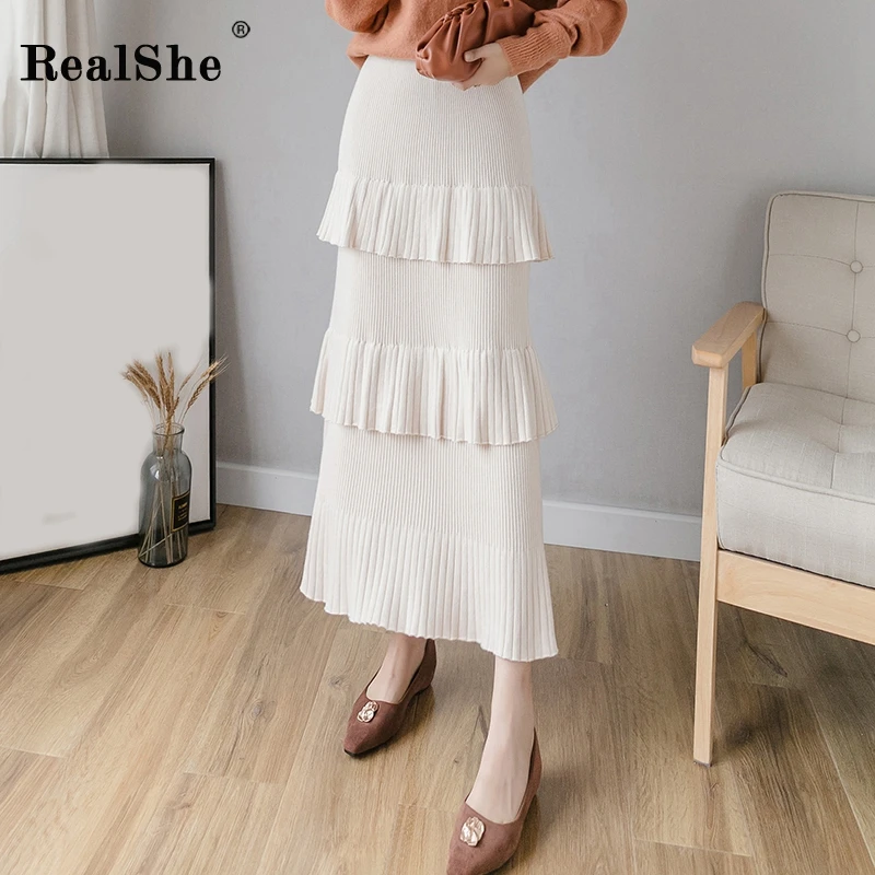 apricot women skirt RealShe длинная юбка в богемном стиле с высокой эластичной талией и оборками, однотонные макси юбки для женщин, весенние повседневные Элегантные длинные юбки для женщин - Цвет: apricot women skirt