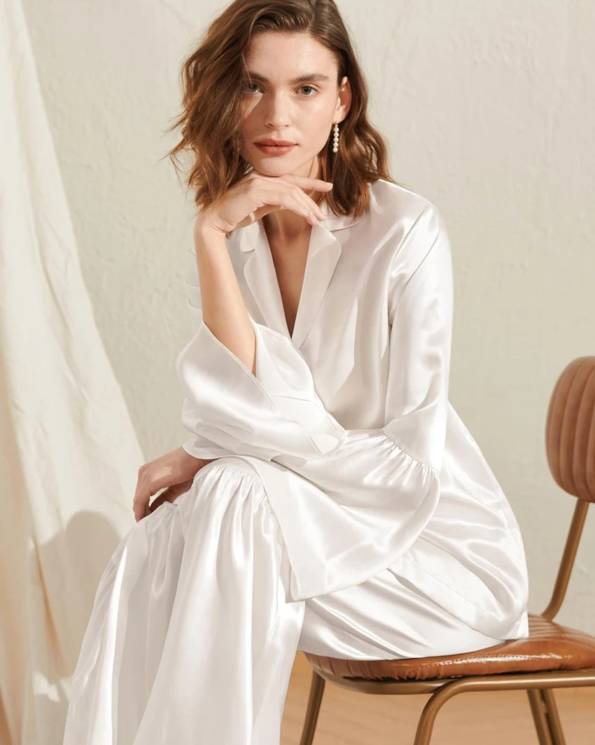 Waliicorners 2 Pieces White Sleepwear Trouser Suits Single Breasted Sets Flare Sleeve Pajama Loose Set 9 H6cce3eb43bae485ca7aba69a46c20766u