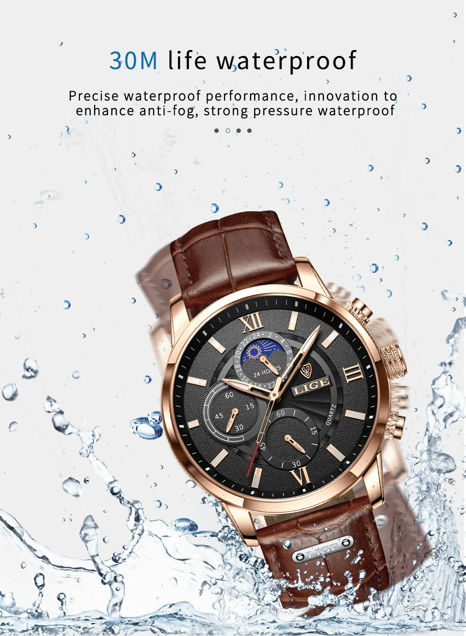 2022 New Mens Watches LIGE Top Brand Luxury Leather Casual Quartz Watch Men's Sport Waterproof Clock Watch Relogio Masculino+Box