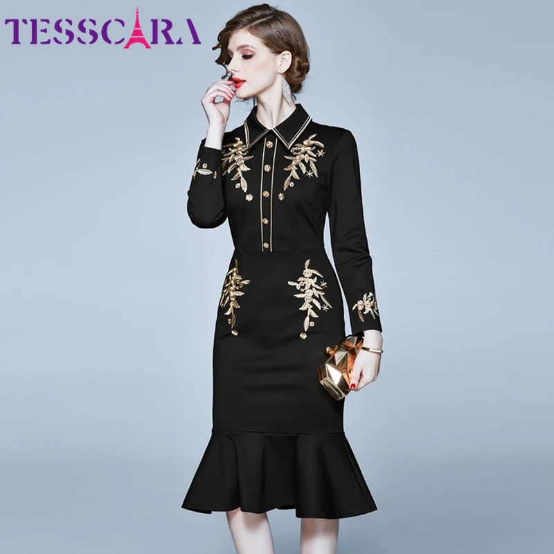 TESSCARA женское элегантное платье с вышивкой, рубашка, Женские Дизайнерские офисные вечерние платья, высокое качество, винтажное коктейльное платье