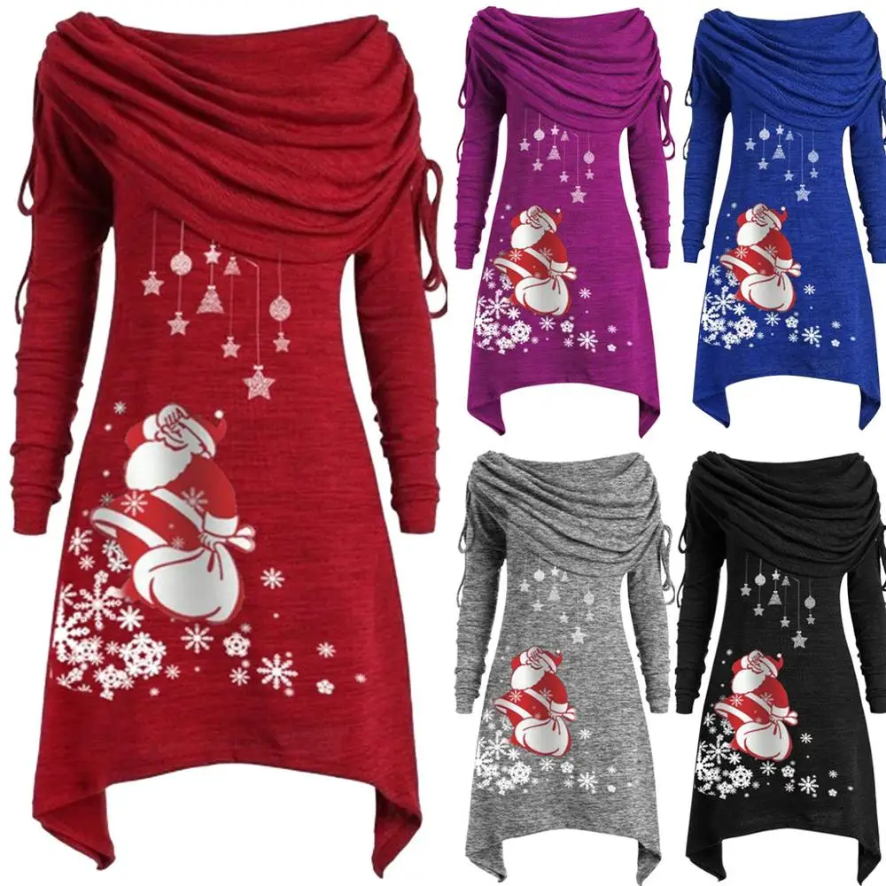 

Plus Size Women's Tops Santa Claus Snowflake Print Pleated Collar Ruched Irregular Long Foldover Collar Tunic Tops