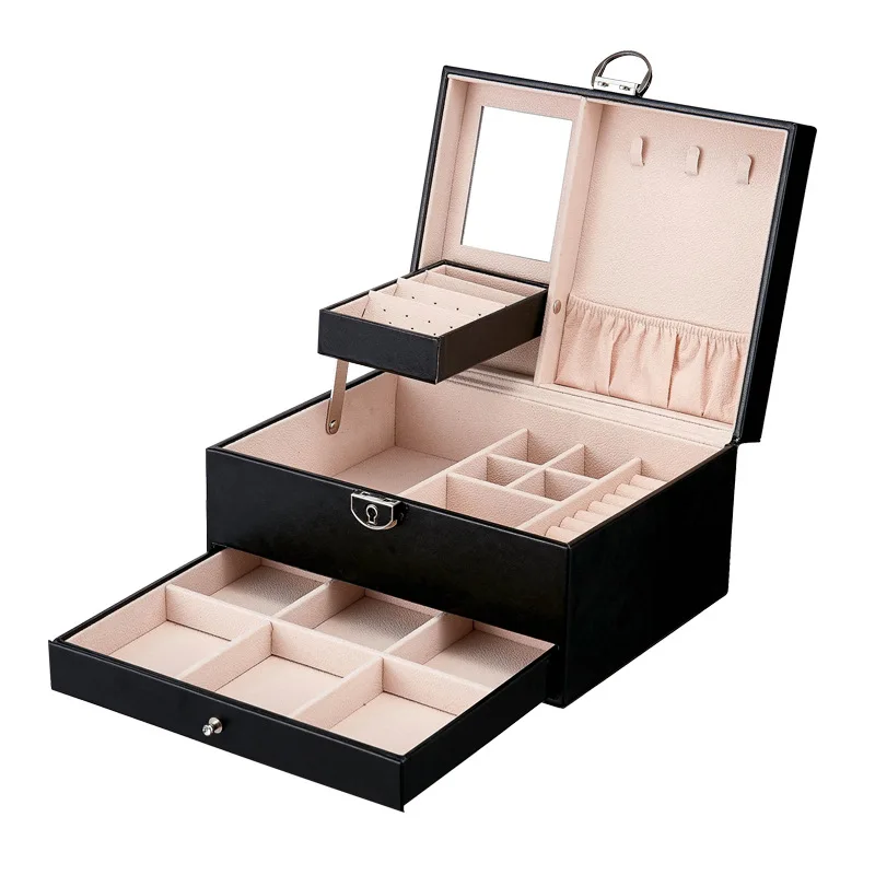 Hot Sale Black Color Leather Jewelry Package Storage Box Carrying Cases Large Space For Earring Ring Necklace Bracelet Organizer