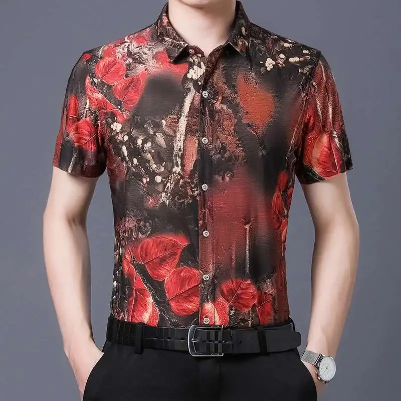 

Floral short-sleeved mulberry silk shirt men's men's shirt business casual ice silk summer thin section no-iron shirt