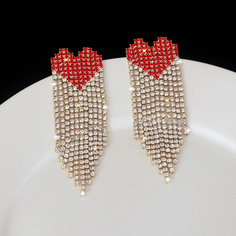 Fashionable Women Shiny Rhinestone Red Heart With Chain Dangle Earrings  Jewelry Maxi Lady's Statement Earrings Accessories - AliExpress 36