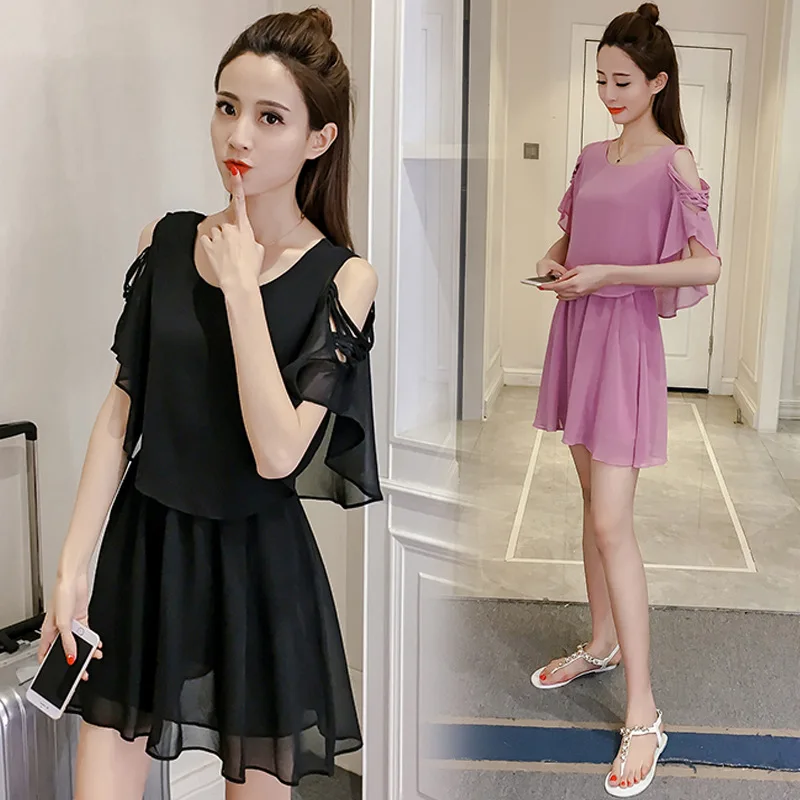

2017 Summer Wear New Style Korean-style Chiffon Mid-length Slimming High-waisted off-Shoulder A- line Skirt Women's Fashion