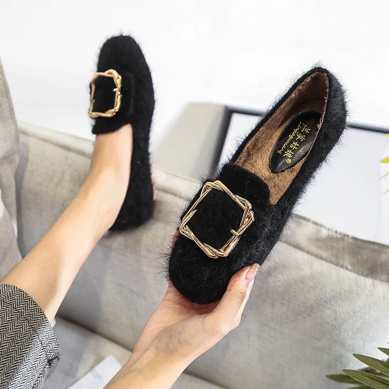 brand designer metal decoration mink fur flats women square toe mules comfy plush winter loafers gold buckle furry moccasins C67 - Цвет: Черный