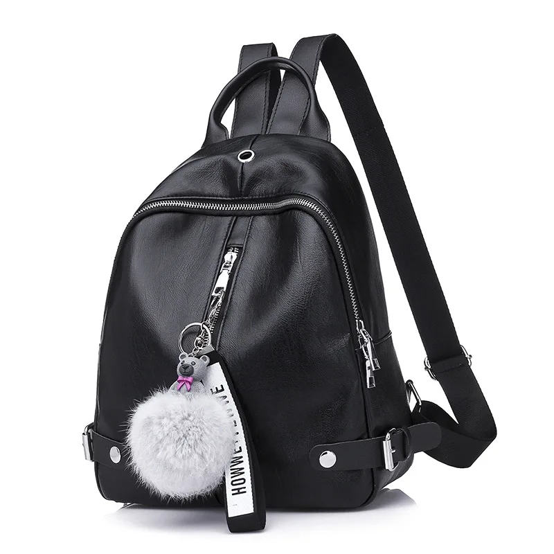 

2019 New Style PU Leather Women's Motorcycle Bag Fashion Simple Solid Color Korean-style Pure Black Fuzzy Ball Pendant Wholesale