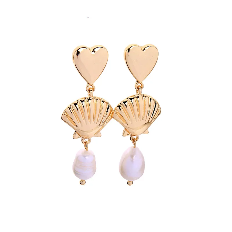 

ZWPON Korea Style Gold Color Heart Shell Drop Earrings Chic Baroque Pearl Drop Earrings for Woman Fashion Jewelry