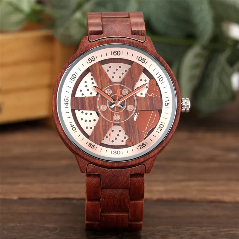 Handmade Bamboo Watch Wheel Dial Design Men's Wooden Wristwatch Quartz Display Full Wood Bracelet Band Woody Clock Timepiece
