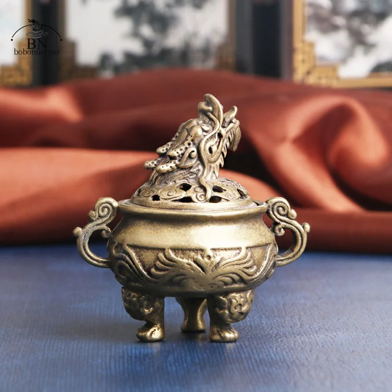 Antique Copper Tripod Incense Burner With Dragon Head Cover Brass Caldron Censer Chinese Pattern Holder Home Desk Decors | Дом и сад