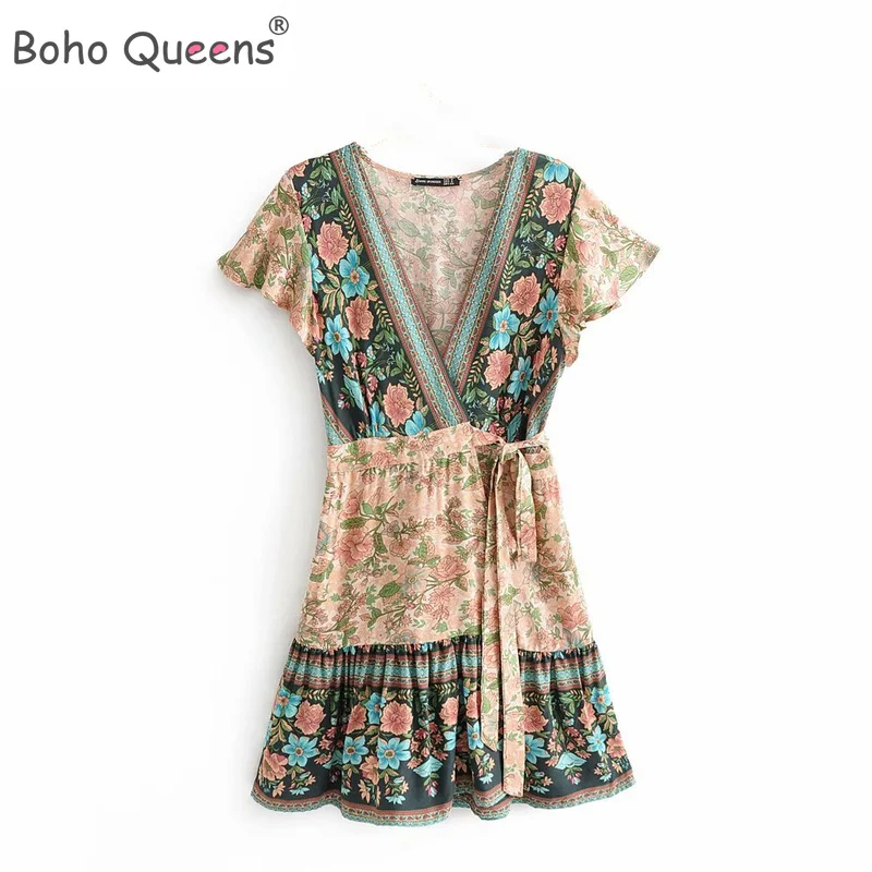 Boho королев для женщин с цветочным принтом и v образным вырезом из искусственного