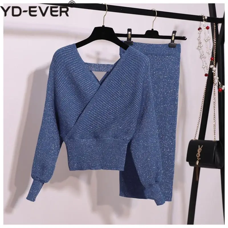 Весенний шикарный трикотажный Женский комплект 2 шт. с рукавом фонариком v