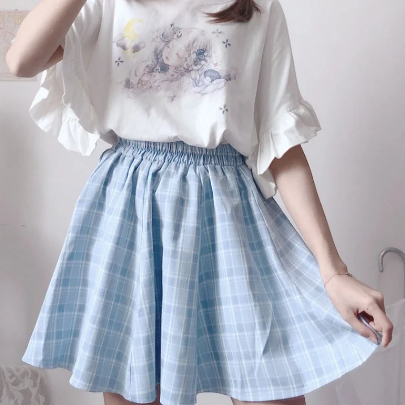 Plaid Skirt A-Line Ruffles Pink Sweet High-Waist Women Summer Mori Japan Female Student