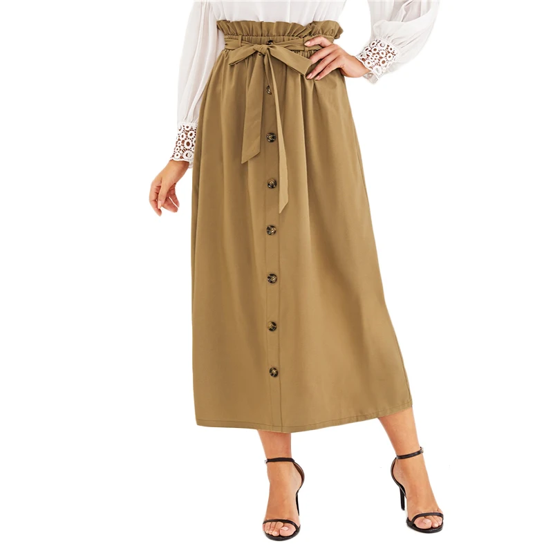 SHEIN abaya Camel Paperbag поясные однобортные юбки с поясом женские летние осенние с высокой талией однотонные расклешенные трапециевидные длинные юбки