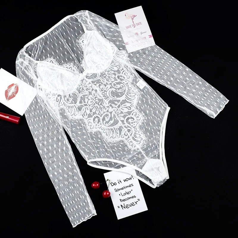 Women Sexy V Neck Backless Bodysuit Women's Lace Long Sleeve Bodysuit Perspective Romper