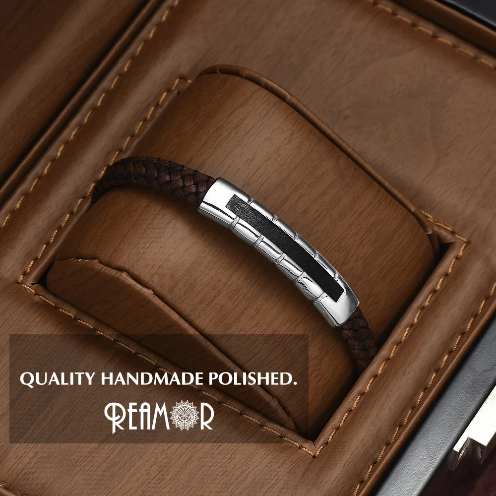 

REAMOR 11.11 Luxury New Stainless Steel Inlay Leather Connector Bracelets Mens Brown Genuine Leather Bracelet Mens Gift Jewelry
