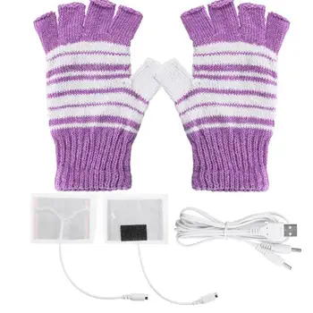 

Women Men USB Powered Fingerless Heated Gloves Washable Knitted Stripes Computer Convertible Mittens Winter Outdoor Hand Warmer