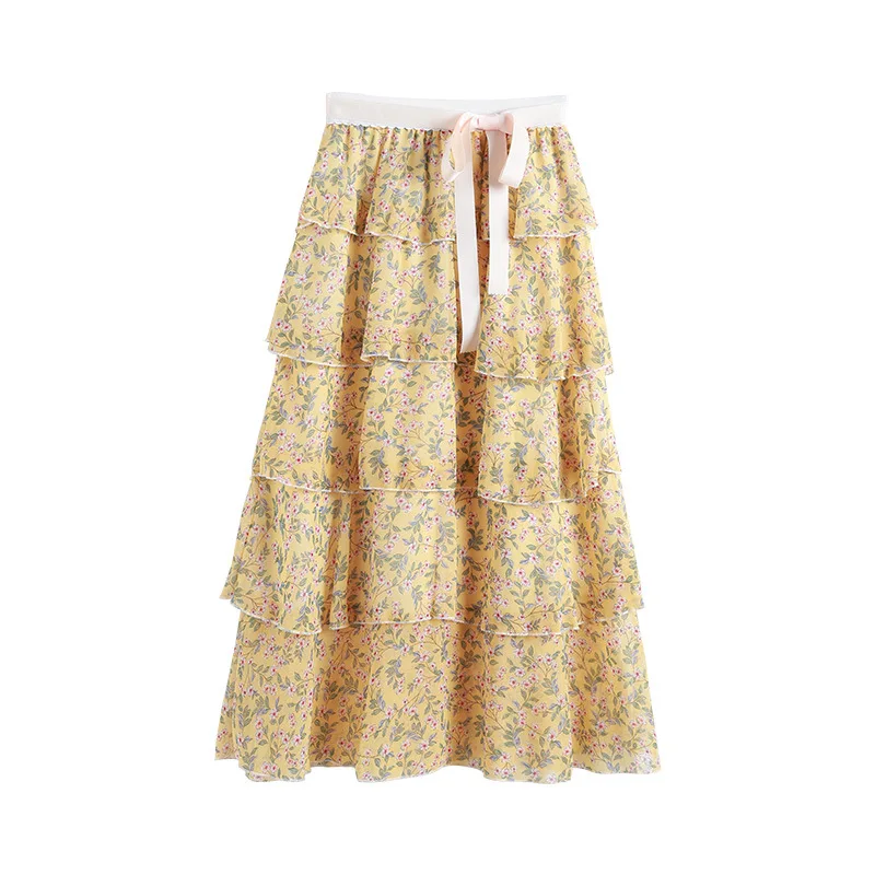 

2020 kaguster summer cheap Broken flowers Women skirt with pattern splicing long skirts female Empire Mid-Calf Sweet harajuku