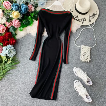 

Fashion Striped Patchwork Stretch Women Dress Long Sleeve Vintage Bodycon Dresses Knitted Elegant Vestido Autumn Long Maxi Dress