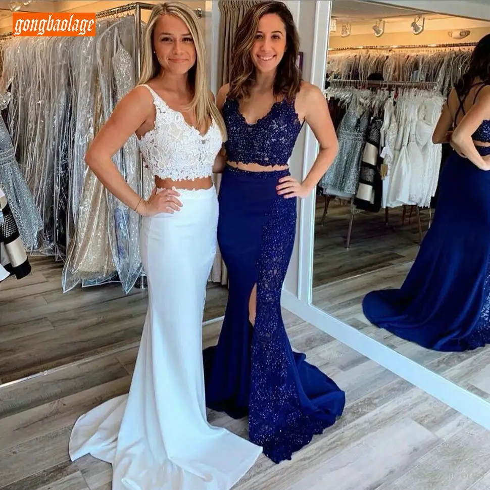 

Trendy White Two Pieces Mermaid Evening Dresses Lace Applique V Neck Evening Gowns Backless Sweep Train Side Split Formal Dress