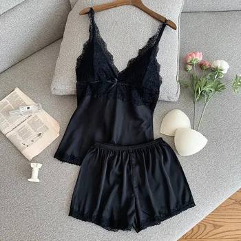 

Summer New 2PCS Sleep Set Women Sexy Pajamas Suit Intimate Lingerie Black Casual Home Clothing Sleepwear Lace Nightwear