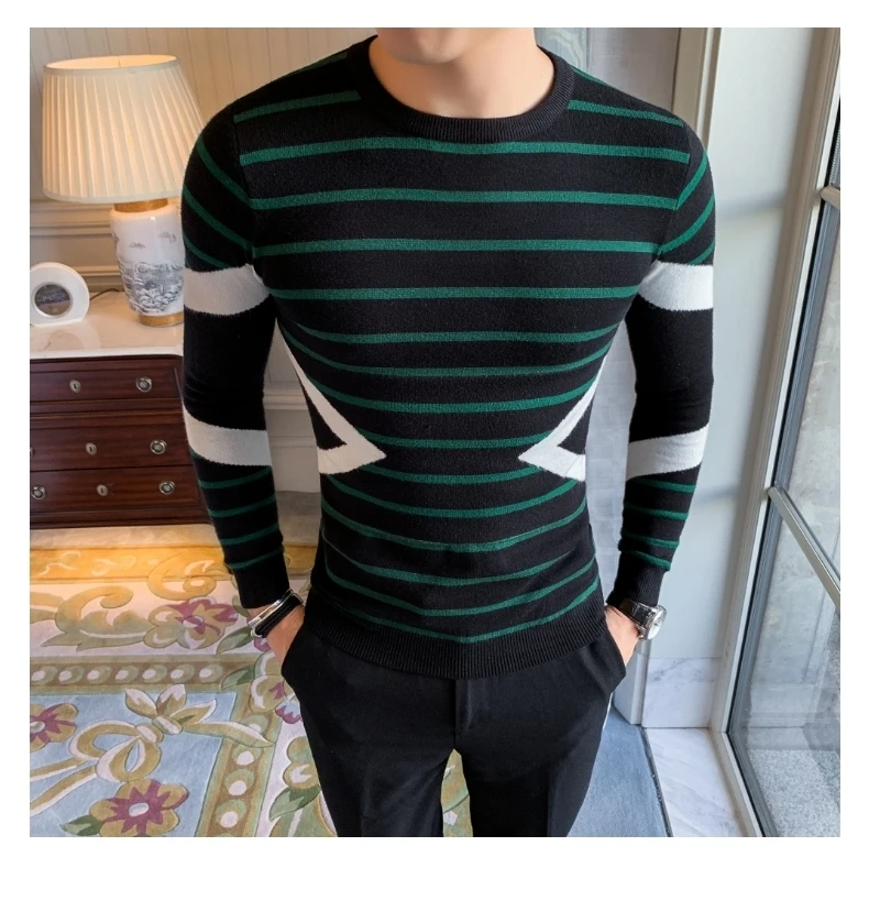 Вязаный полосатый свитер, пуловер, свитер для мужчин, Blusa Masculina, корейская мода, Мужская одежда, круглый вырез, длинный рукав