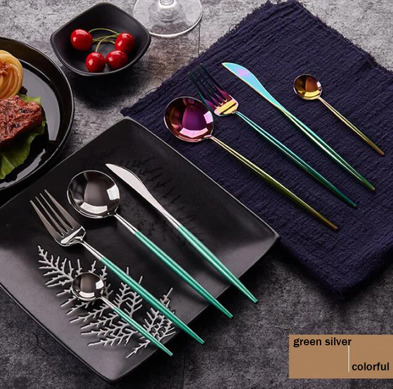 green silver 4p set Нержавеющая сталь набор посуды Португалия ложка с длинной ручкой фруктовая вилка, ложка столовая посуда, комплект из 4 предметов комплекты стейк Ножи Кухня расходные материалы - Цвет: green silver 4p set