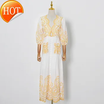 

Vintage Embroidery Dress Maxi Women Hollow Out Button Down High Waist Tunic Summer Dress