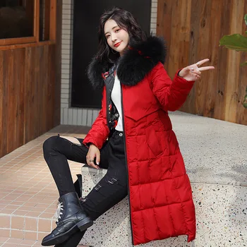 

Fur Collar Down Cotton Jacket 3XL Plus Size Solid Korean Long Warm Outwear Winter Coat Women Thick Hooded Parka Female Ss70