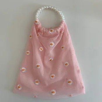 

Women Mesh Applique Little Daisy Bags Shopping Bag Transparent Yarn Cloth Bag Embroidery Handbag Eco 2020