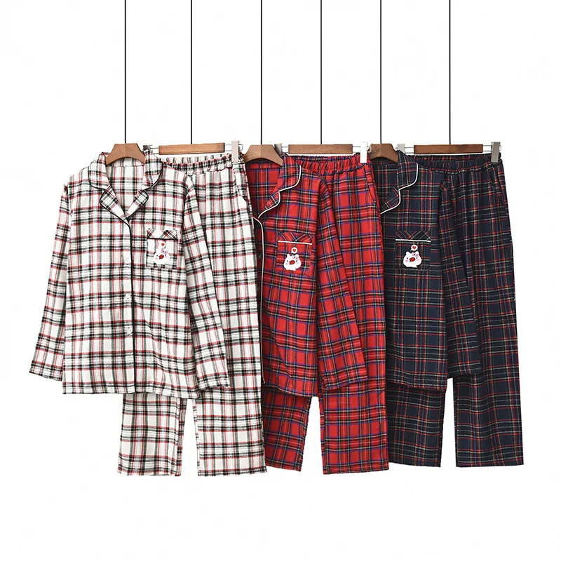 

Autumn Simple Comfortable Classi Turn-down Collar Pajamas Set Women Long-sleeved Pants Sleepwear Plaid Printing Home Pijama Suit