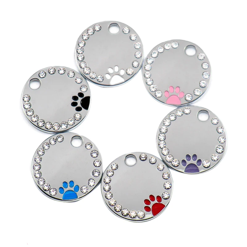 

100Pcs Rhinestone Circle P-Aw Engraved Id Dog Tag Stainless Steel Diy Dog Id Tags Pet Shop for Dog Personalized (Color Mixing)